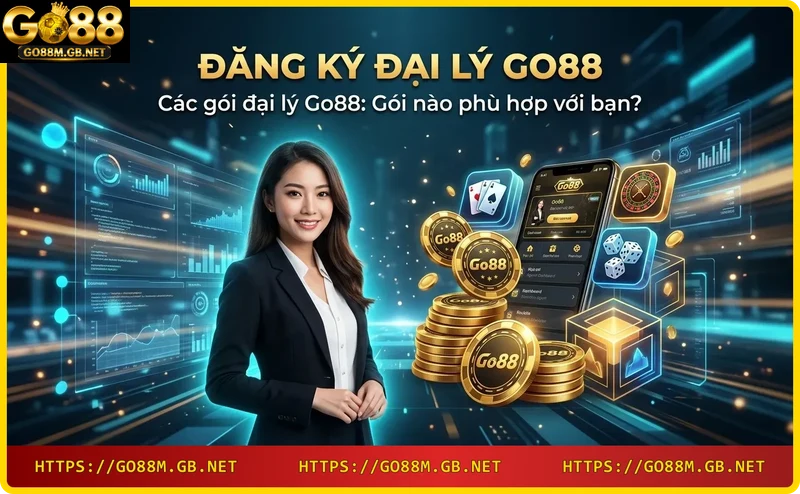 Ba thẻ đại lý Go88: Cơ bản, Chuyên nghiệp, Cao cấp với biểu tượng phần trăm hoa hồng và đồng xu, giúp người xem so sánh các gói.