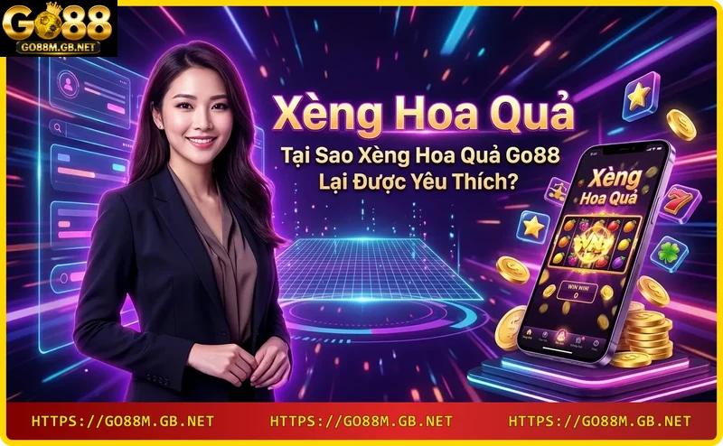 Cận cảnh máy xèng hoa quả Go88 với biểu tượng trái cây, hiệu ứng sáng neon và không khí chiến thắng.
