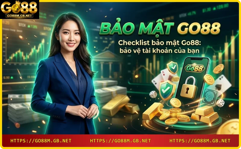 Danh sách kiểm tra bảo mật với các biểu tượng chìa khóa, khiên, vân tay và ổ khóa phát sáng neon