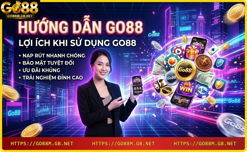 Điện thoại hiển thị các trò chơi Go88 với hiệu ứng ánh sáng neon