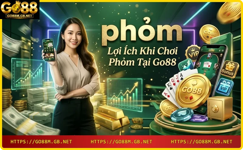 Điện thoại hiển thị giao diện chơi phỏm Go88 với tiền thưởng và cúp