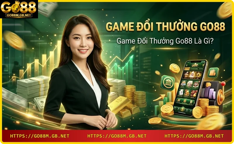 Hệ sinh thái game đổi thưởng Go88 với các thể loại slot, casino, mini game được hiển thị trên màn hình hologram