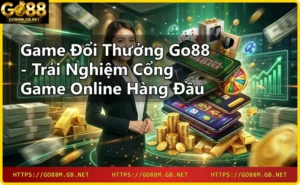 Hệ sinh thái game đổi thưởng Go88 với các thể loại slot, casino, mini game được hiển thị trên màn hình hologram
