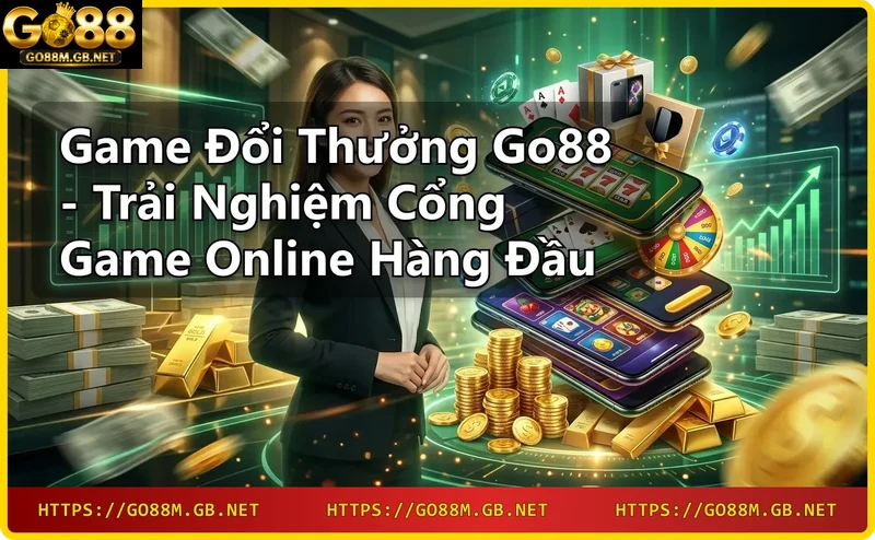 Hệ sinh thái game đổi thưởng Go88 với các thể loại slot, casino, mini game được hiển thị trên màn hình hologram