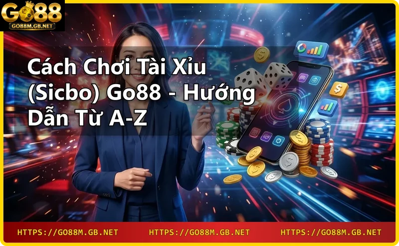 Màn hình điện thoại hiển thị giao diện chơi tài xỉu Sicbo Go88 với xúc xắc và chip cược