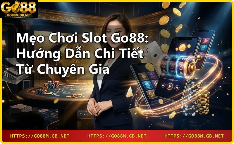 Máy slot Go88 với cuộn quay và chip vàng, ánh sáng neon