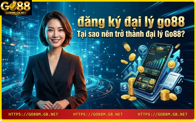 Một người ngồi tại bàn làm việc cao cấp, cầm điện thoại với ứng dụng Go88, xung quanh là đồng xu vàng và biểu tượng tiền ảo, thể hiện cơ hội kiếm tiền từ đại lý Go88.