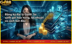 Một người ngồi tại bàn làm việc cao cấp, cầm điện thoại với ứng dụng Go88, xung quanh là đồng xu vàng và biểu tượng tiền ảo, thể hiện cơ hội kiếm tiền từ đại lý Go88.
