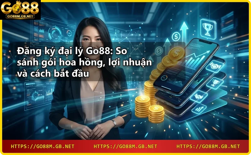 Một người ngồi tại bàn làm việc cao cấp, cầm điện thoại với ứng dụng Go88, xung quanh là đồng xu vàng và biểu tượng tiền ảo, thể hiện cơ hội kiếm tiền từ đại lý Go88.