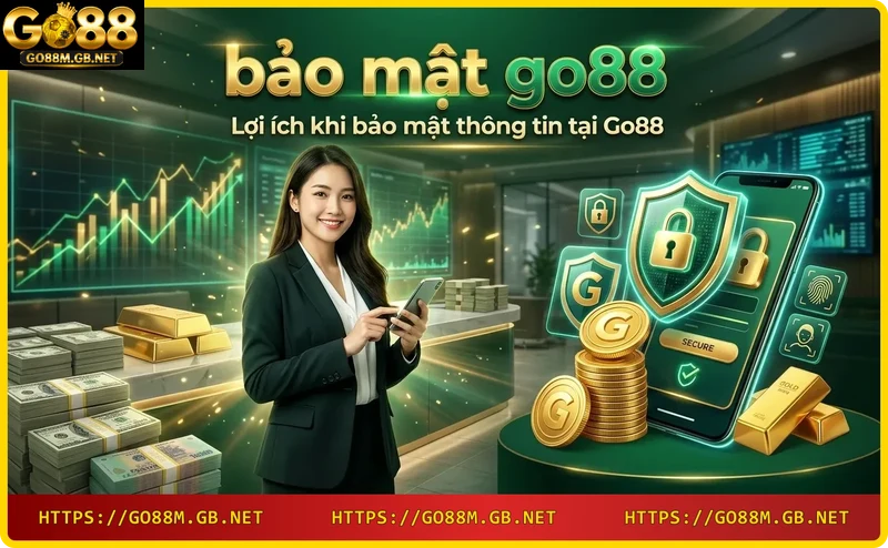 Người dùng thực hiện giao dịch an toàn trên điện thoại, có khiên bảo vệ và đồng xu phát sáng