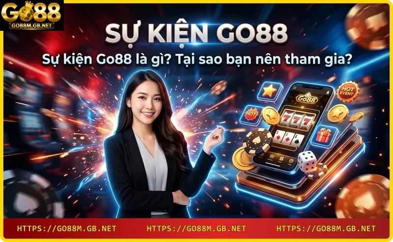 Sân khấu sự kiện Go88 với hiệu ứng ánh sáng neon và tiền xu vàng