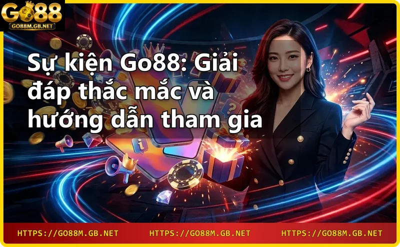 Sân khấu sự kiện Go88 với hiệu ứng ánh sáng neon và tiền xu vàng
