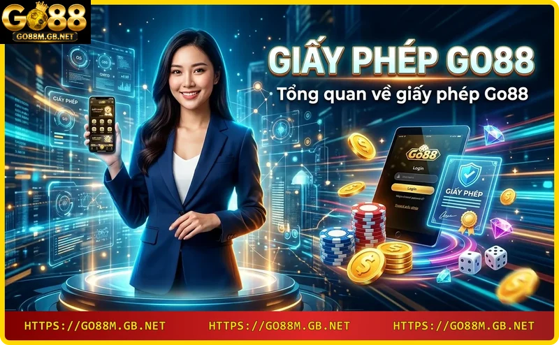 Tổng quan về giấy phép Go88 với giao diện casino hiện đại và biểu tượng chứng nhận quốc tế