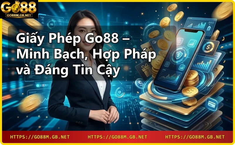 Tổng quan về giấy phép Go88 với giao diện casino hiện đại và biểu tượng chứng nhận quốc tế